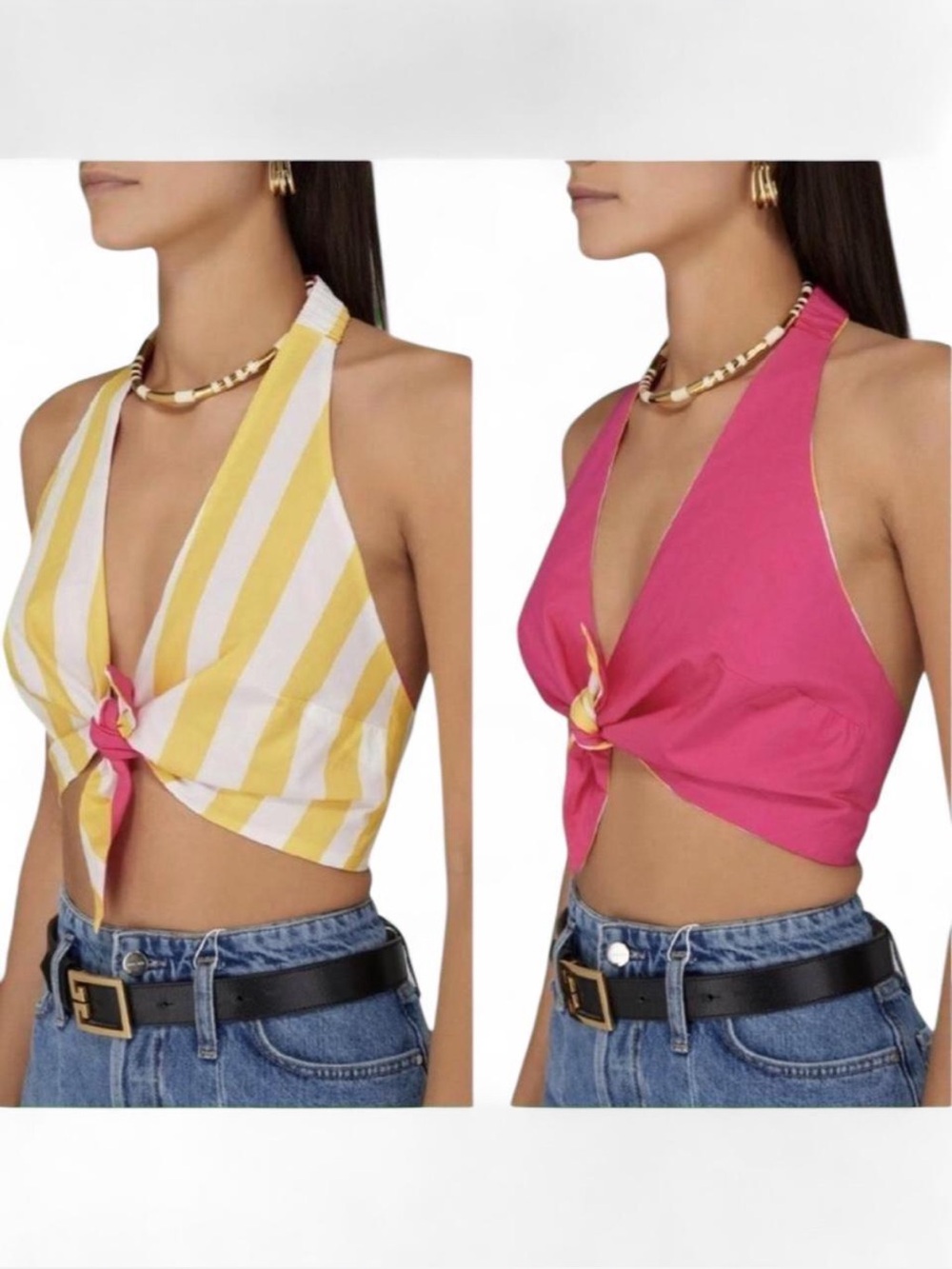 NWT Farm Rio cropped yellow & white striped tie-front halterneck top